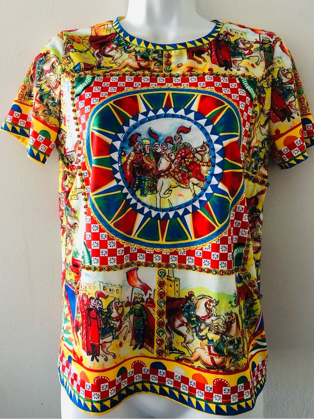 Vibrant Red Blue Multicolor Rhinestone Hand-Embellished Sicilian Style Tee Top